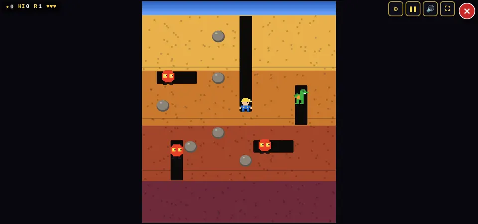 Burrow Blitz underground level with dug tunnels, rocks and enemies
