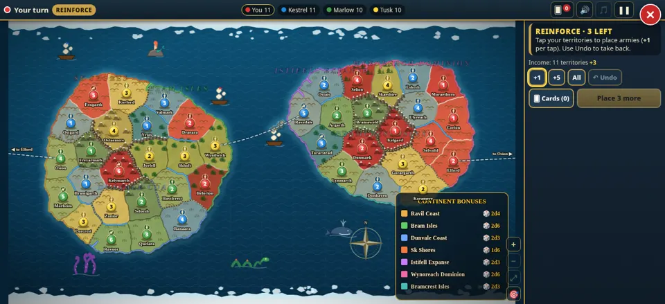 Isle & Empire randomly generated Continents map with colored territories and armies