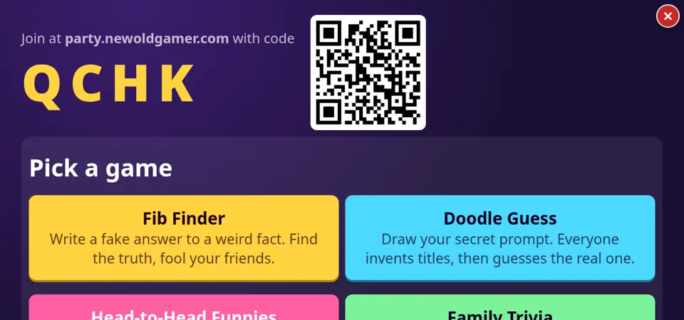 Party Pack TV screen with a room code, a QR code and the four party games to pick from