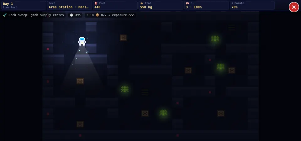Pluto Trail deck sweep: the player hunts an infected crew member through dark ship corridors
